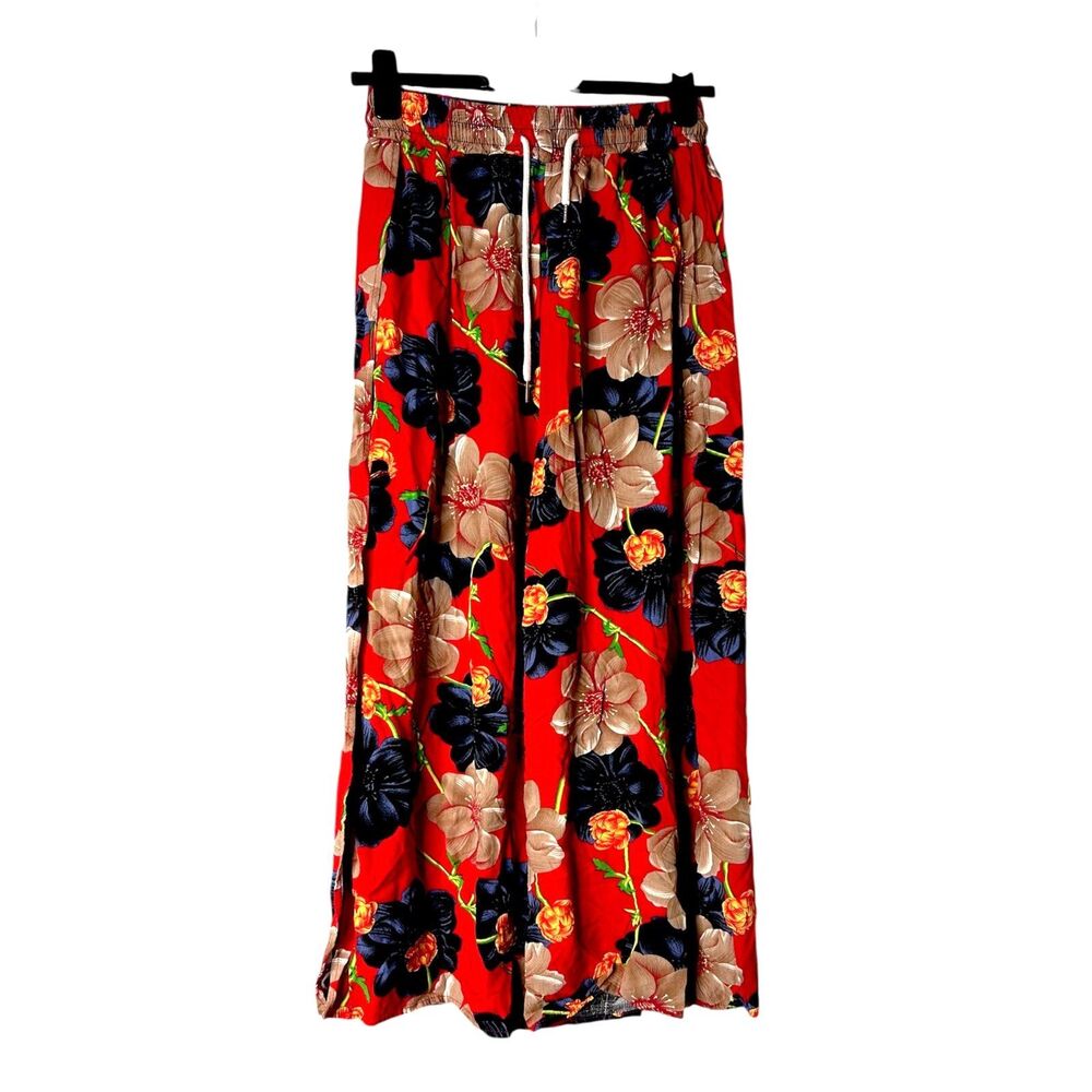 Womens Red Floral Pants Size L Baggy Wide Leg Hibiscus Vacay Resort Flowy Beachy